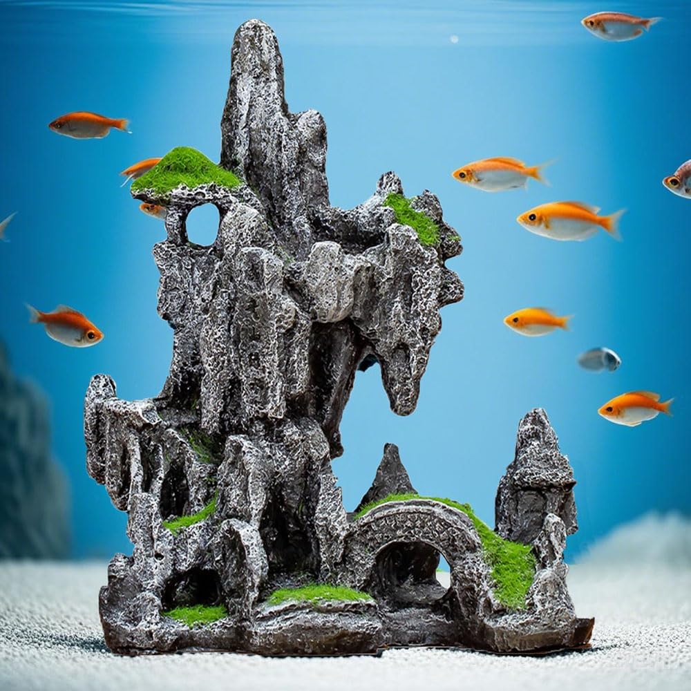 Aquarium Mountain View Ornaments, Large Fish Tank Rock Landscaping Decorations, Tree Hole Bridge Bridge Aquarium Decoration (6.69x3.54x8.26inch-L)