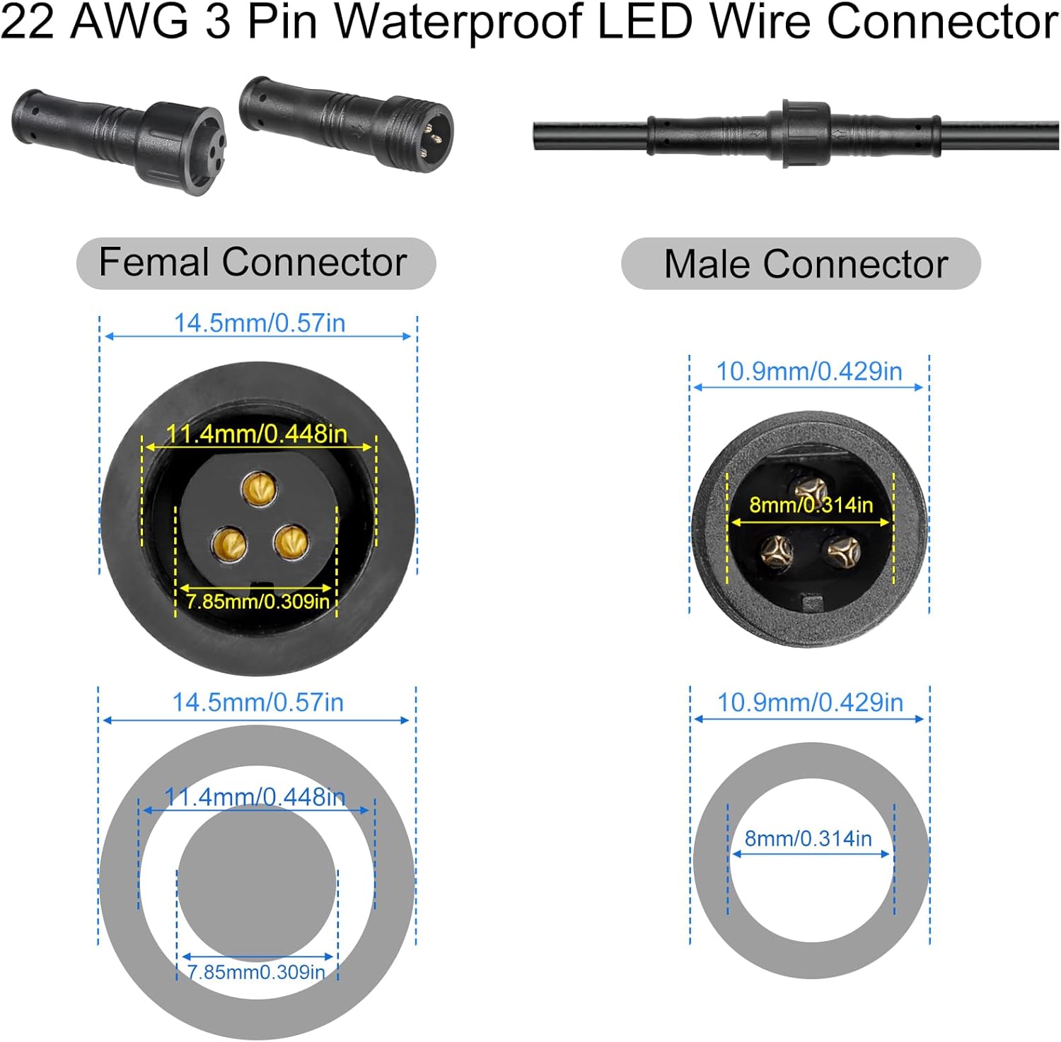 MAD OWL 3 Pin Waterproof LED Wire Connector, 22 AWG 118.1 inch/3M IP68 Male and Female Heads Extension Cable for Indoor and Outdoor LED Strip Light(2 Strip Black)