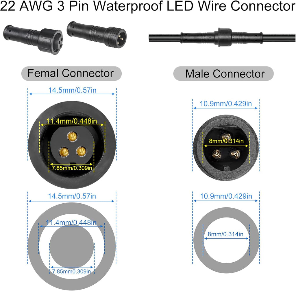 MAD OWL 3 Pin Waterproof LED Wire Connector, 22 AWG 236.2 inch/6M IP68 Male and Female Heads Extension Cable for Indoor and Outdoor LED Strip Light(1 Strip Black)