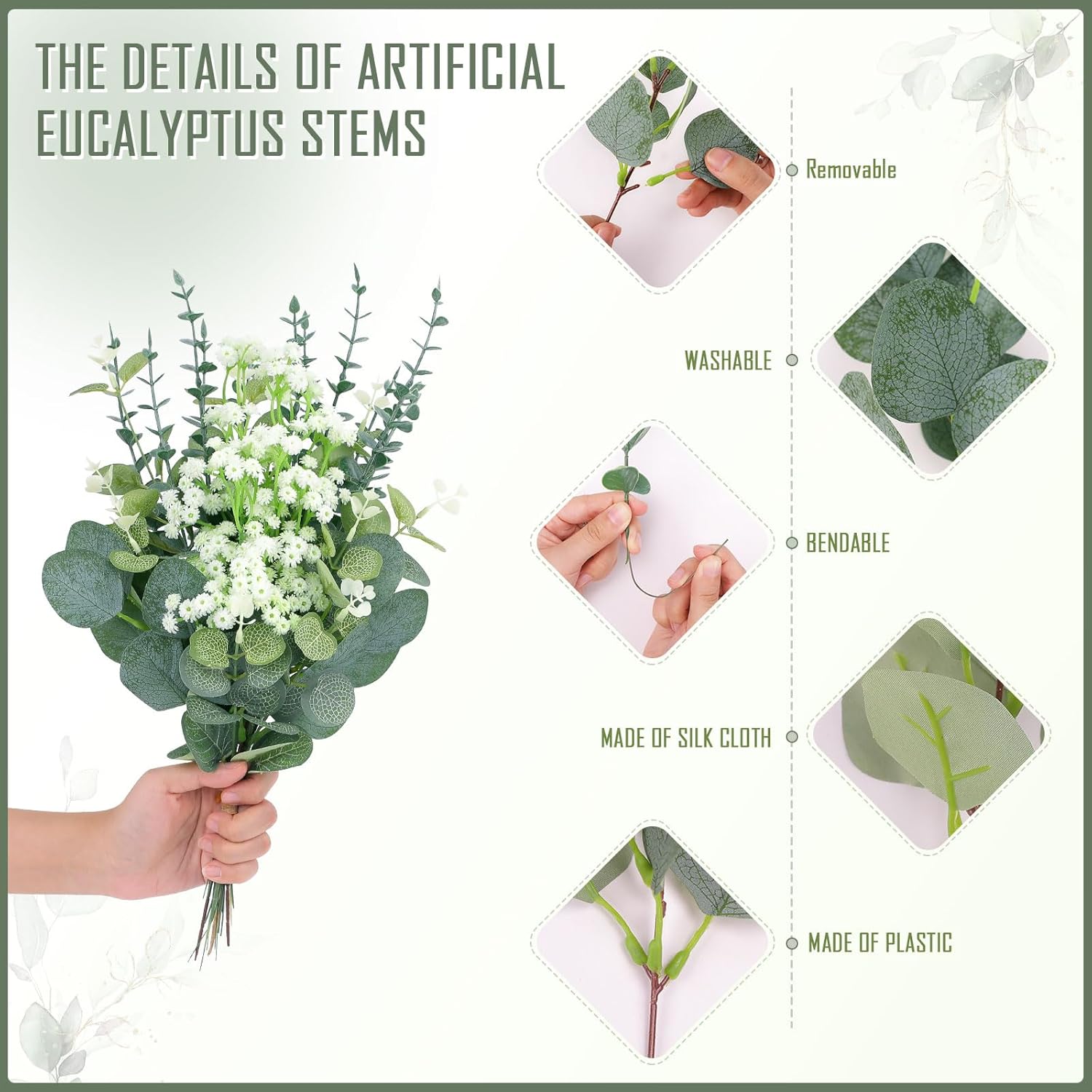 200 Pcs 4 Kinds Artificial Eucalyptus Stems, Mixed Faux Greenery Stems Fake Silver Dollar Eucalyptus Leaves Stems Bulk Babys Breath for DIY Bouquet Centerpieces……