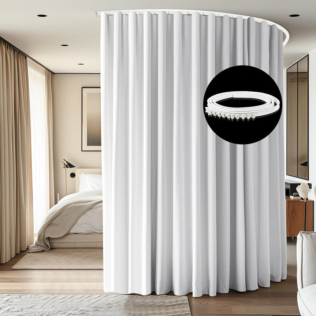 Room Divider Ceiling Mounted Curtains Track Sets Extra Wide Blackout Curtain Flexible Tracks for Bedroom Privacy Partition Separator, 1 Panel White Drape and White Rail, W15 x H8ft
