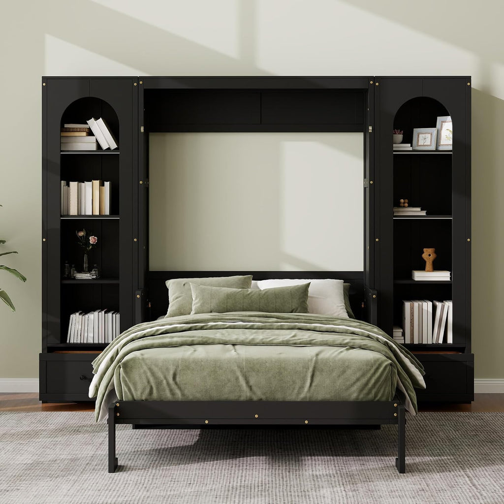 MERITLINE Queen Murphy Bed with Desk and Storage & LED Light, Solid Wood Hideaway Murphy Wall Bed with Storage Bookcase Shelves and Drawers for Adults (Black,Queen)