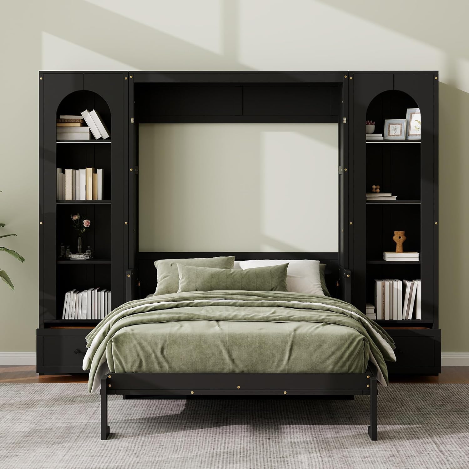 MERITLINE Queen Murphy Bed with Desk and Storage & LED Light, Solid Wood Hideaway Murphy Wall Bed with Storage Bookcase Shelves and Drawers for Adults (Black,Queen)