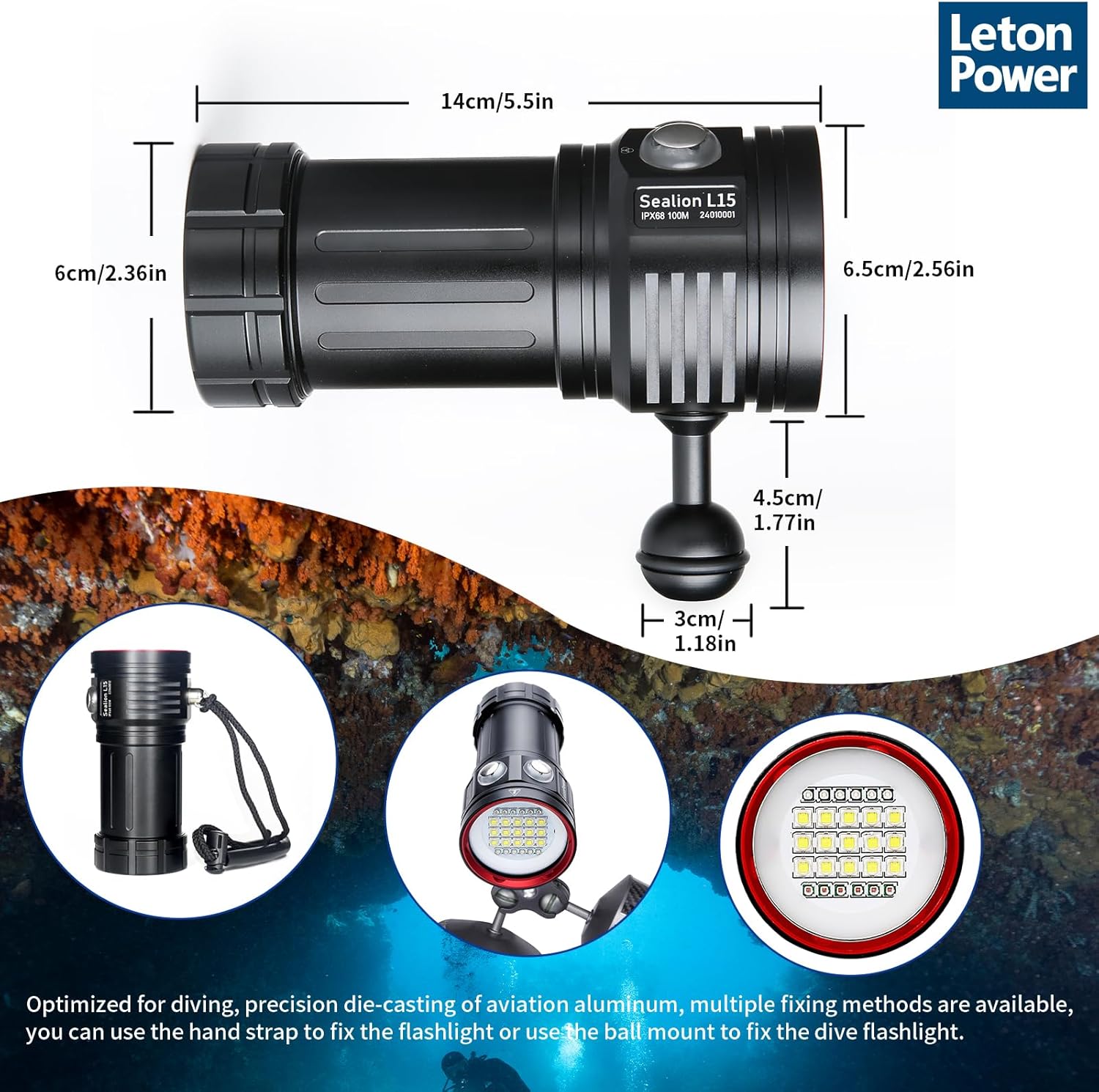L15 10000 Lumens Underwater Video Light - 100m (330ft) Waterproof Dive Video Light with USB-C Charging, Professional Floodlight for Scuba Diving, Snorkeling & Underwater Photography