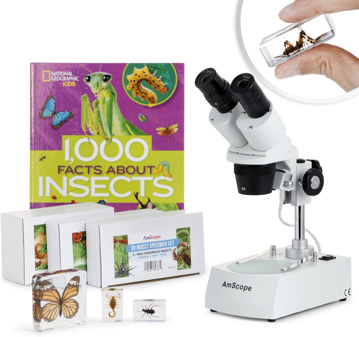 AmScope 20X-40X Student Stereo Microscope w/Premium 9pc 3D Insect Specimen Kit and Optional Digital Camera