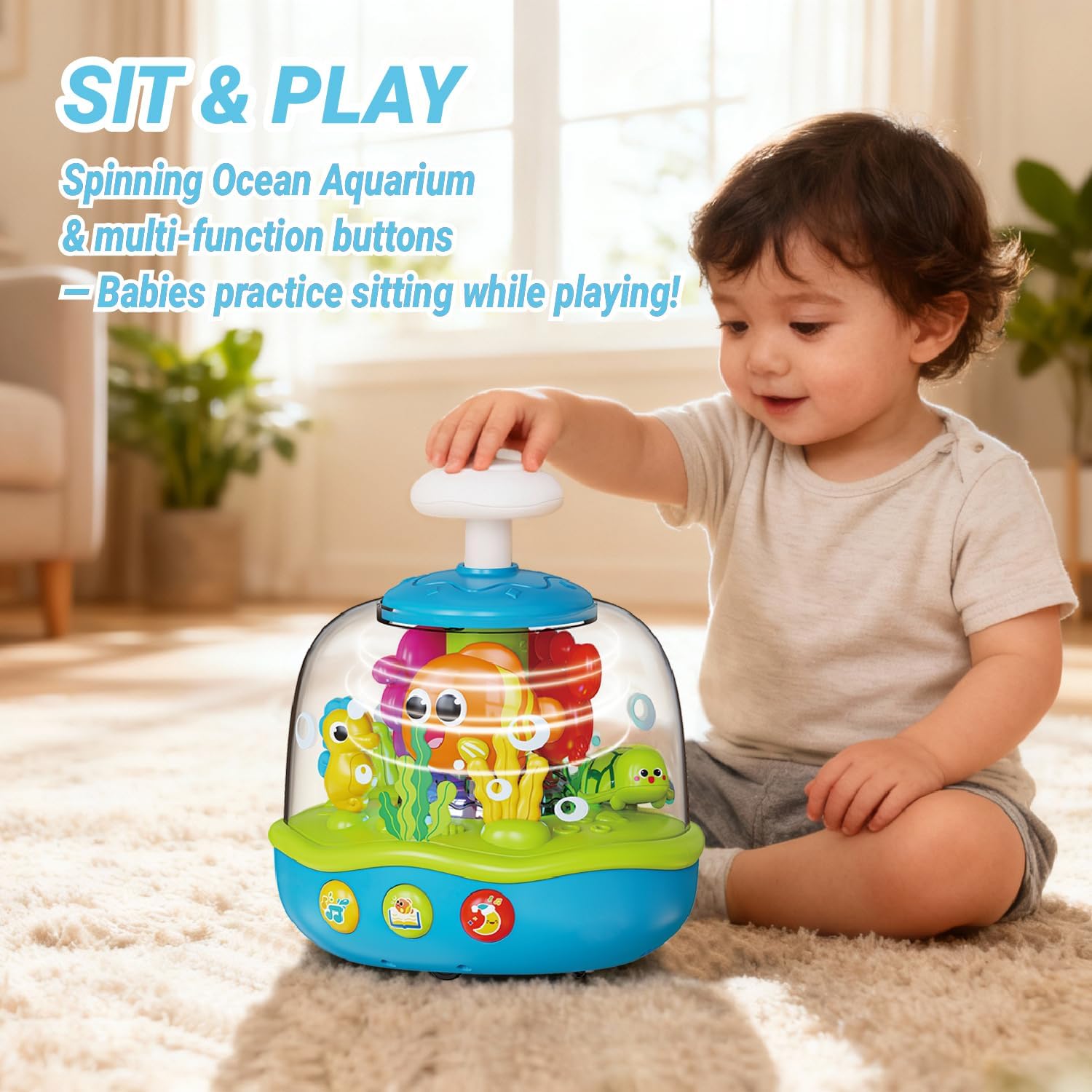 MoraBaby Baby Toys 6-12-18 Months, Press & Spin Aquarium Musical Light Up Toy | Bilingual Learning Educational Cause and Effect Toy for 1 Year Old Boy Girl, Christmas Birthday Gifts for 1-3 Year Old
