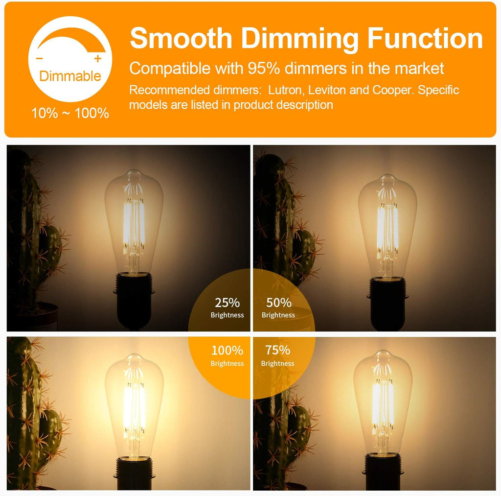 12Packs ST64 Large Vintage LED Edison Bulbs, 60W Equivalent 7W, 800Lumens, Dimmable Antique LED Filament, 2700K Warm White, E26 Medium Base Light Bulbs High Brightness Clear Glass for Bedroom Office