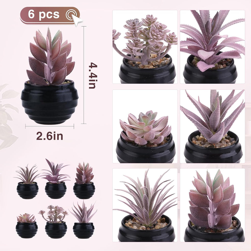 GREENTIME 6 Pcs Purple Artificial Succulent Plants in Mini Black Plastic Pots Small Fake Succulent Plant Faux Indoor Decor Bedroom Desk Bathroom Office Living Room Table Shelf Home Decoration
