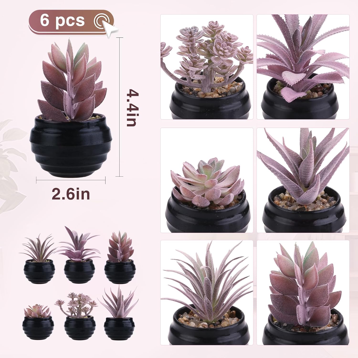 GREENTIME 6 Pcs Purple Artificial Succulent Plants in Mini Black Plastic Pots Small Fake Succulent Plant Faux Indoor Decor Bedroom Desk Bathroom Office Living Room Table Shelf Home Decoration