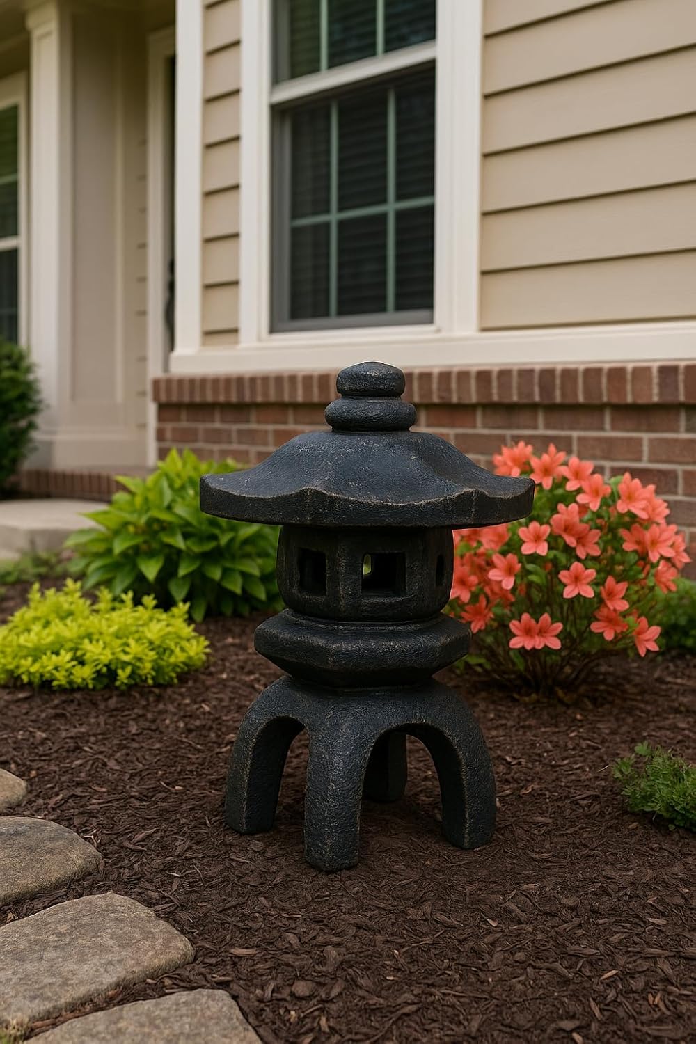 Japanese Lantern – 2-Piece Concrete Pagoda Statue with Open Windows, 17”H Heavy Stone Garden Lantern, Weatherproof Outdoor Decor, Autumn Brown Stain Color