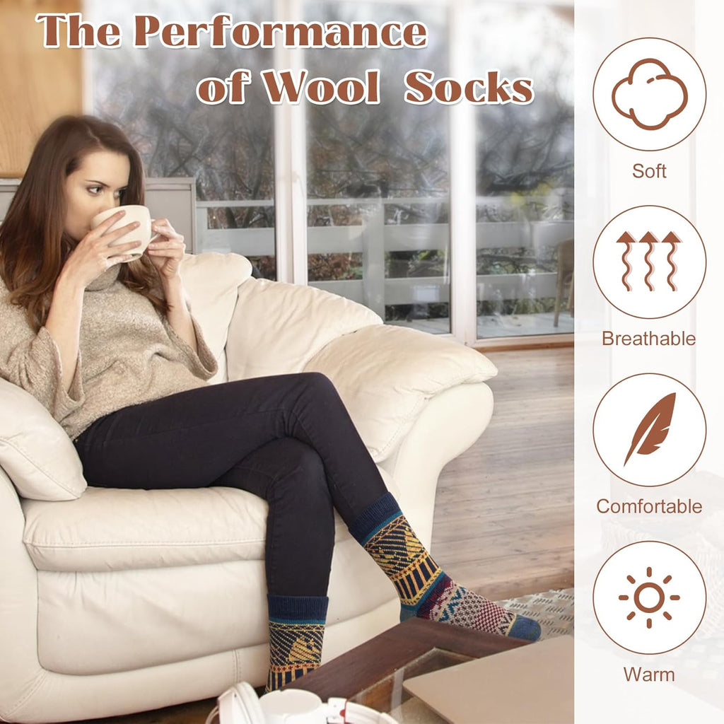 Justay 5 Pairs Wool Socks for Women - Winter Thick Boot Cozy Crew Vintage Soft Calf Knit Warm Socks Gifts