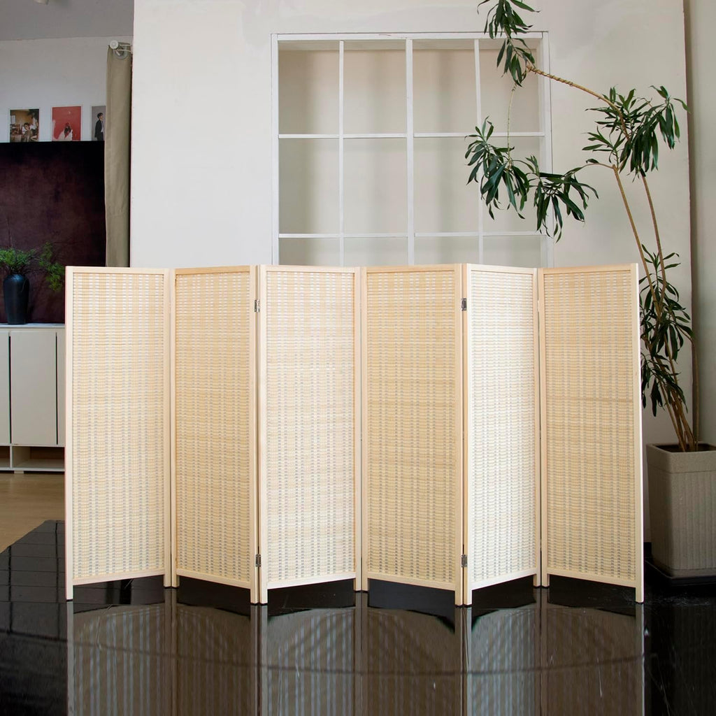 6 Panel Short Room Divider Folding Screen,47 inch Bamboo Panel Divider for Home Partition,Beige