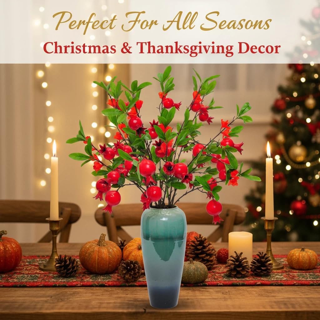4 Pcs 37" Faux Pomegranate Berries Bouquet - Realistic Artificial Rosehip Berries Stems, Decorative Branches for Dining Table Centerpiece, Kitchen Home Party Floral Decor