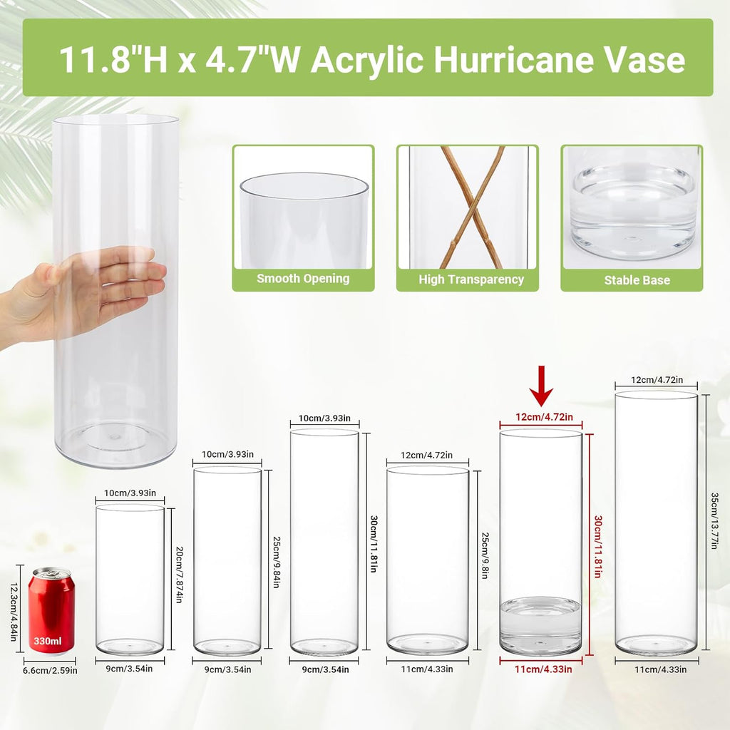 Suream 11.8 Inch Tall Plastic Flower Vases Bulk, Unbreakable Acrylic Cylinder Vases for Wedding Centerpieces, Home Living Party Dinner Office Decorations