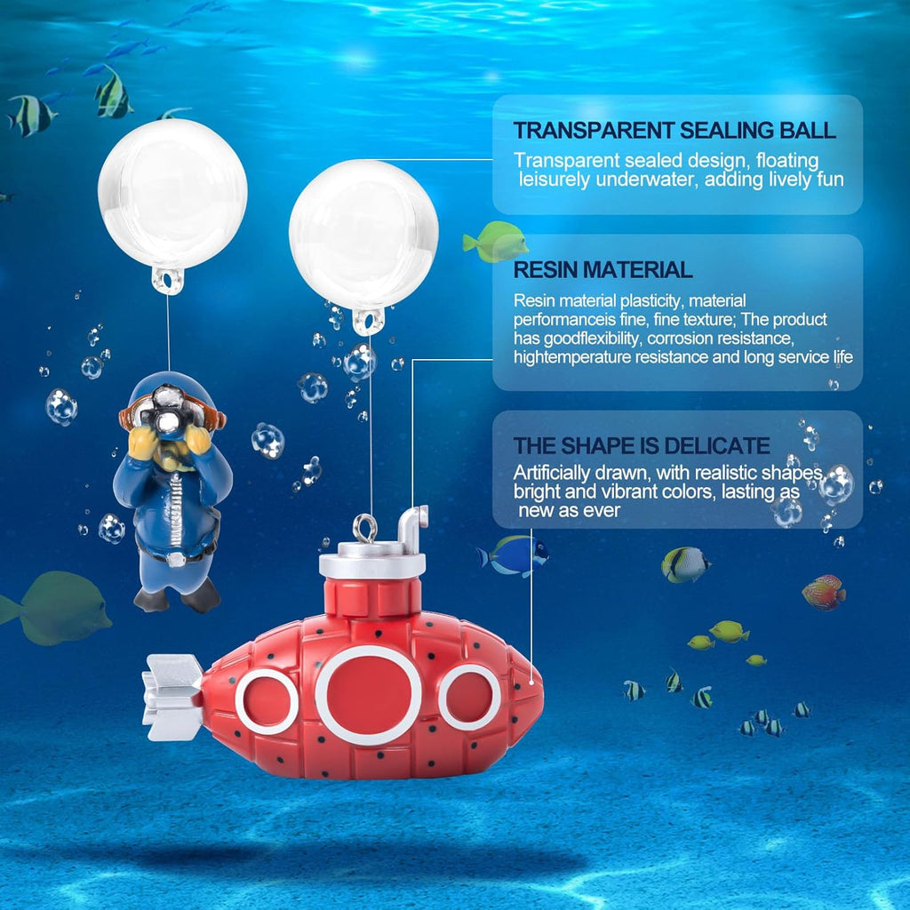 CousDUoBe 2.1 in Mini Floating Submarine Fish Tank Decoration Set，Cute Retro Submarine Set and Floating Diver,Aquarium Decorations Resinous Betta Fish Tank Accessories