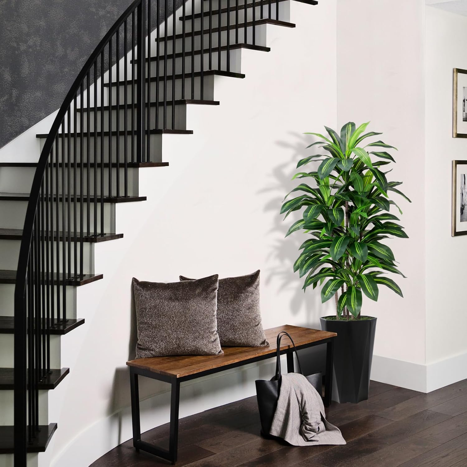 Artificial Dracaena Tree 5FT - Faux Plant with Black Diamond Planter - Tall Fake Tropical Yucca Floor Plant Potted - Artificial Silk Tree for Home Office Living Room Decor Indoor