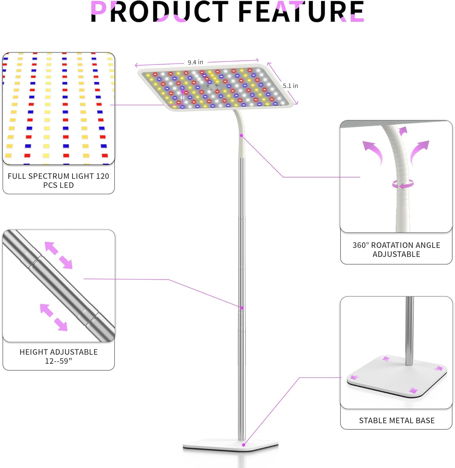 BESTVA 18W Grow Lights for Indoor Plants with Stand, Full Spectrum LED Plant Light for Indoor Plants,12-59 Inches Height Adjustable Growing Lamp with Auto On/Off Timer 4H/8H/12H, 4 Dimmable Brightnes