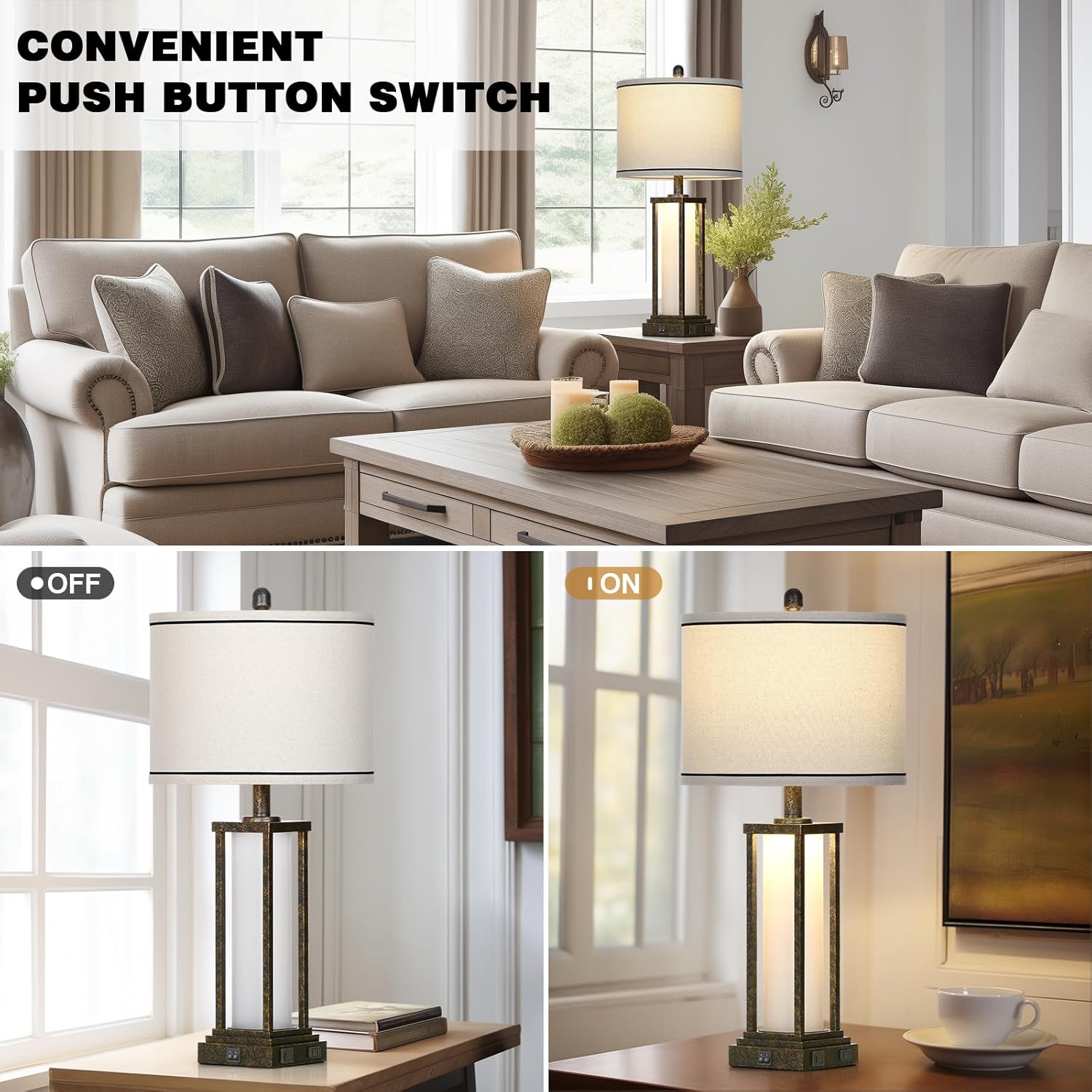 27" Tall Vintage Table Lamp Set of 2 with USB C+A & Outlet,Bronze Industrial End Table Lamp for Living Room,Farmhouse Rustic Bedside Lamps with Frosted Glass Night Light for Bedroom Nightstand,Bronze