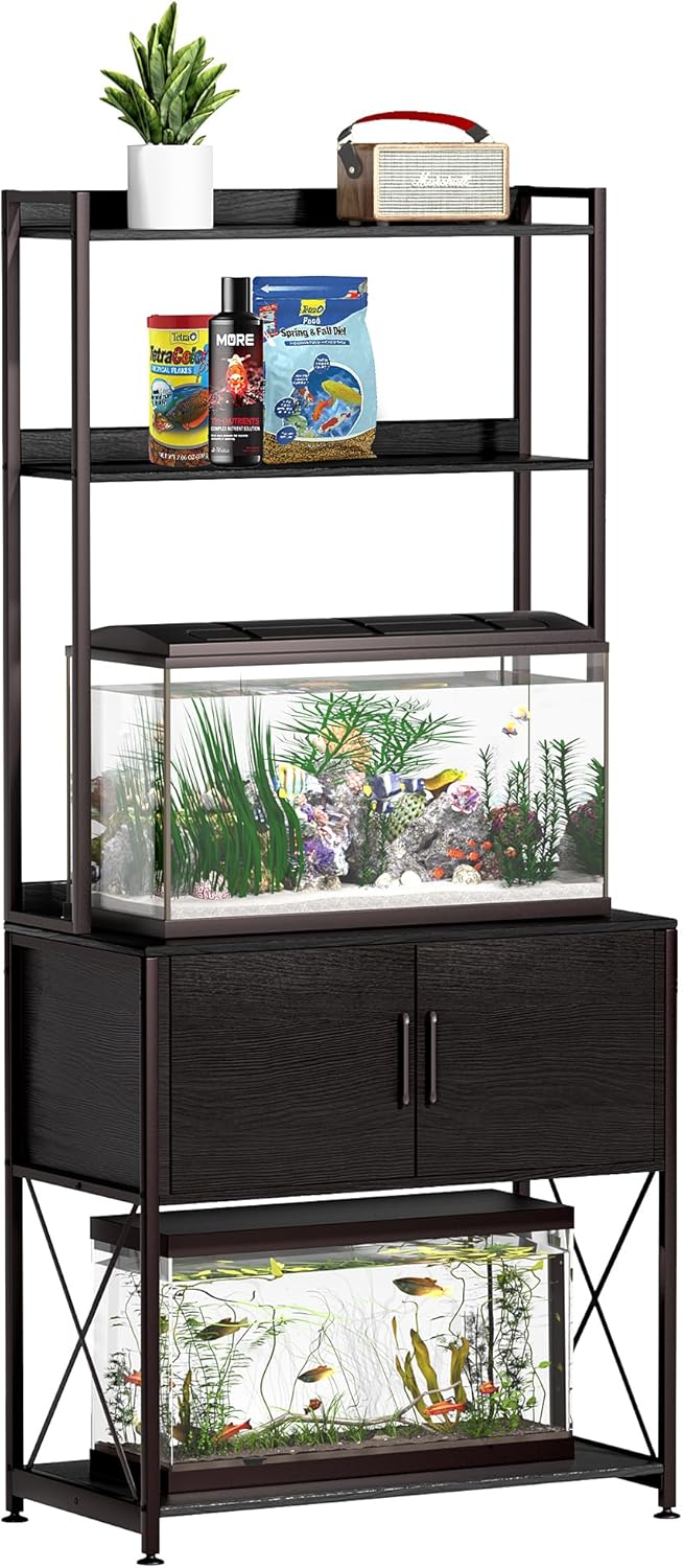 20-29 Gallon Fish Tank Stand, Aquarium Stand with 2 Shelves and Cabinet Accessories Storage, for 20 Gallon Long Aquarium, Metal Frame 32.28" L*16.53" W PG03YGB