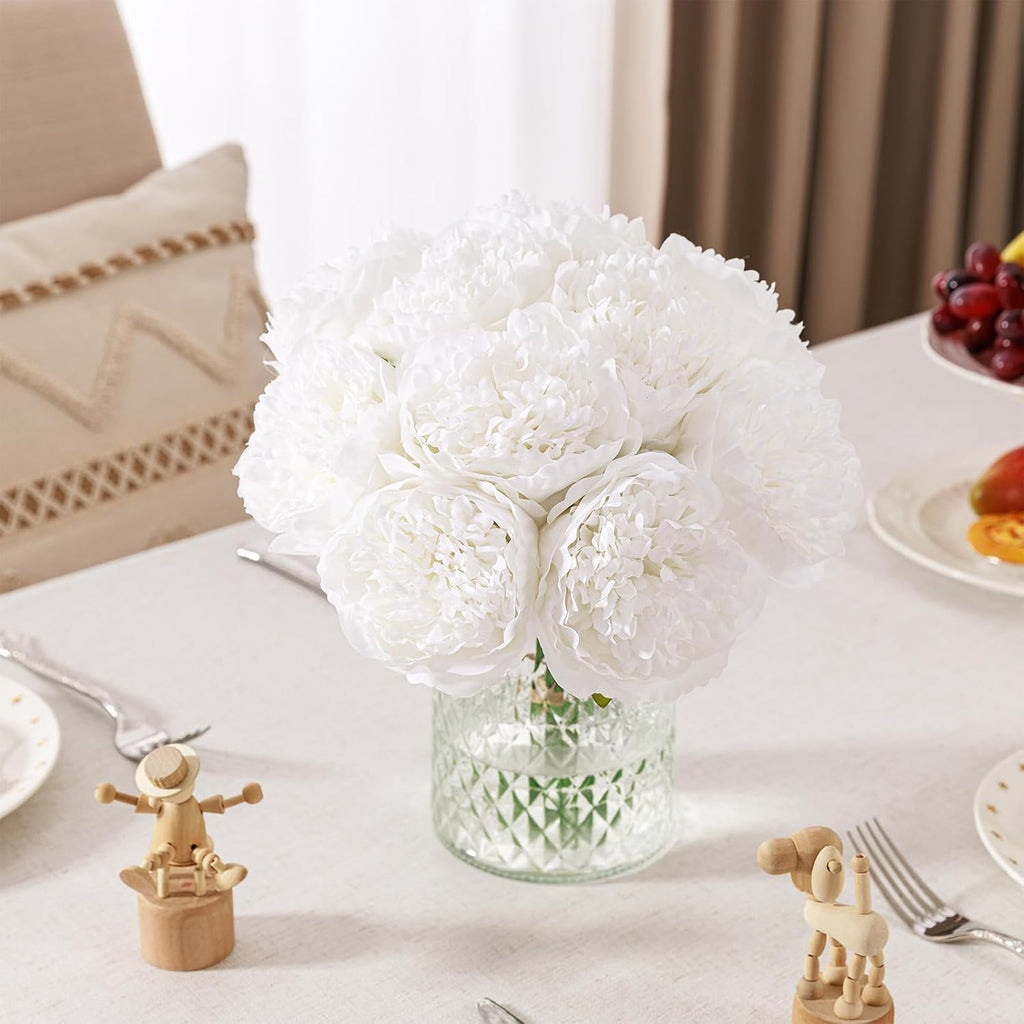 U'Artlines Artificial Peony Silk Flower with Stems 10pcs Real Look Vintage Peonies for Home Wedding Decoration(Pure White)