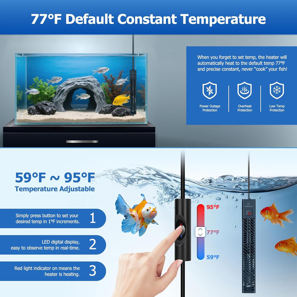 fishkeeper 25W/50W/100W/200W/300W Fish Tank Heater for 1-80 Gallon, Adjustable Submersible Aquarium Heater with LED Digital Display and Overheat Protection for Saltwater & Freshwater Tanks