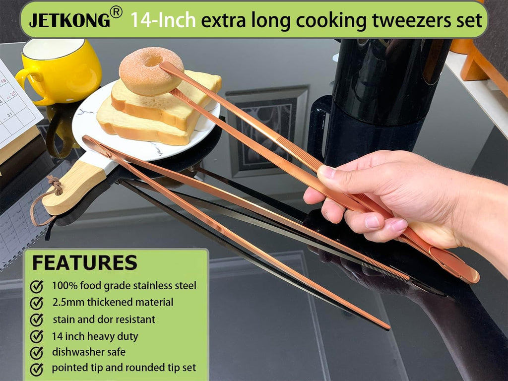 JETKONG 2 Pcs 14-Inch Kitchen Tweezers Extra Long Cooking Tweezer Tongs Stainless Steel Long Food Tweezers (Rose Gold)