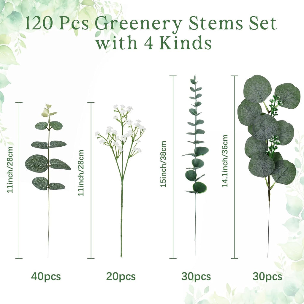 KHOYIME Artificial Eucalyptus Greenery Stems 120PCS with 4 Kinds of Mixed Faux Babys Breath Flowers Fake Green Leaves Plants Bulk, DIY Floral Bouquets Arrangement for Wedding Party Table Home Decor
