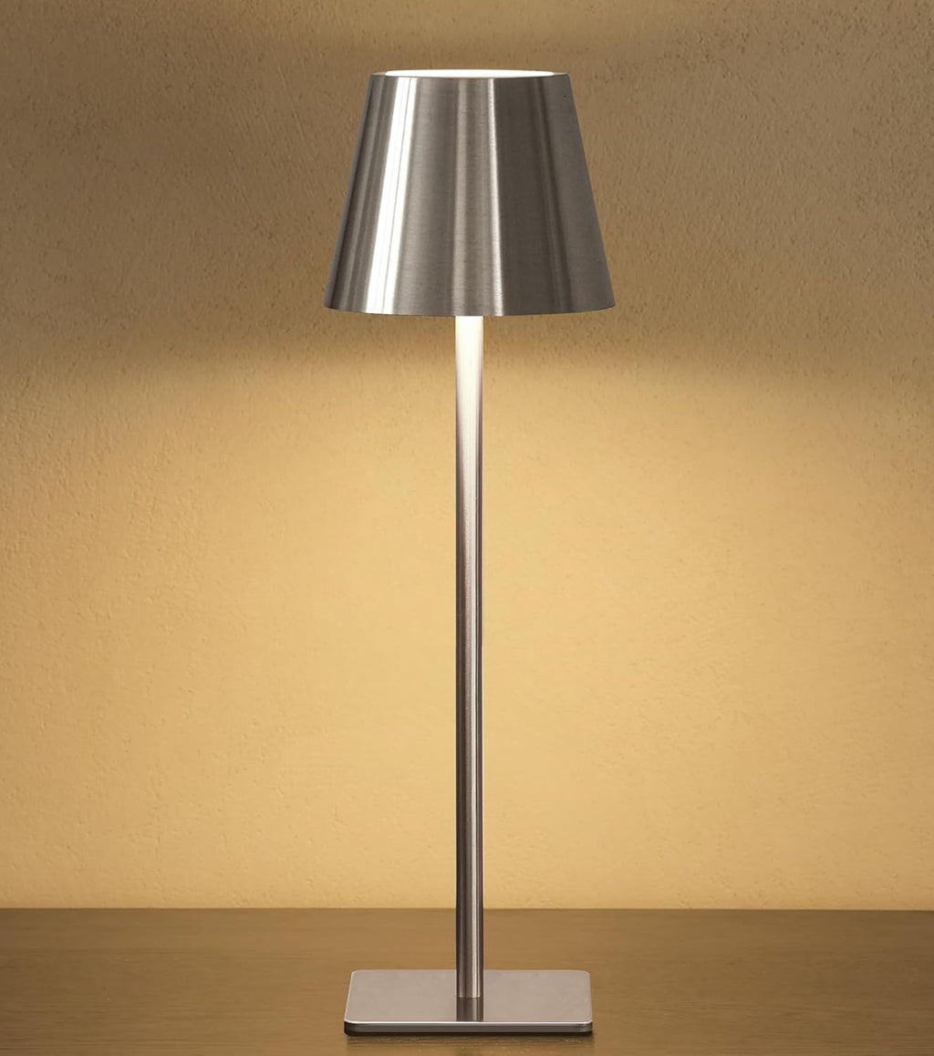 UME Cordless Table Lamp, Battery Operated Lamp - Portable Waterproof Rechargeable Table Lamp w/ 3 Color Temps & Stepless Dimming for Dinner, Desk, Cafe, Outdoor (Brushed Silver)