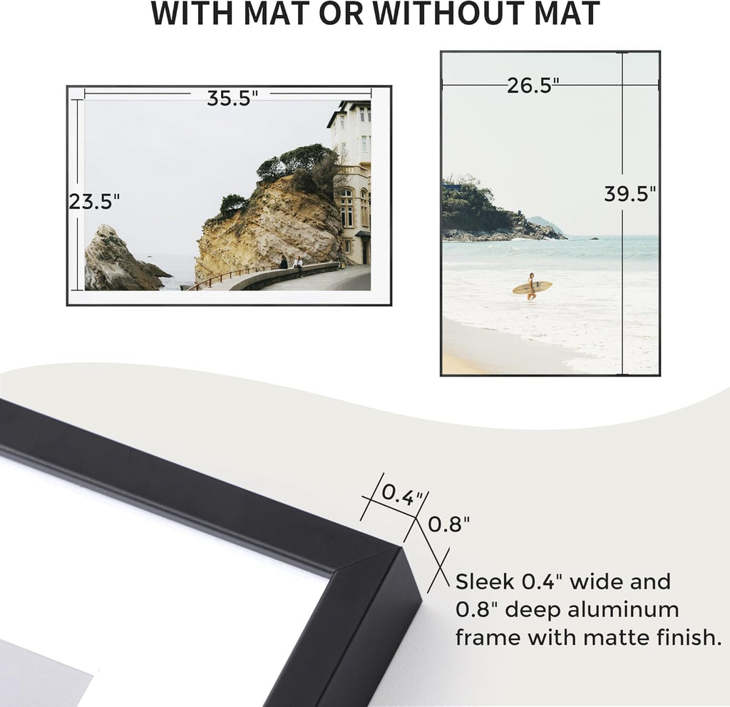 27x40 Metal Picture Frame with 24x36 Mat, Brushed Aluminum Finish, Tempered Glass Front, and Attached Hanging Hardware - Versatile Wall Display Frames for Vertical or Horizontal Orientation(Black,