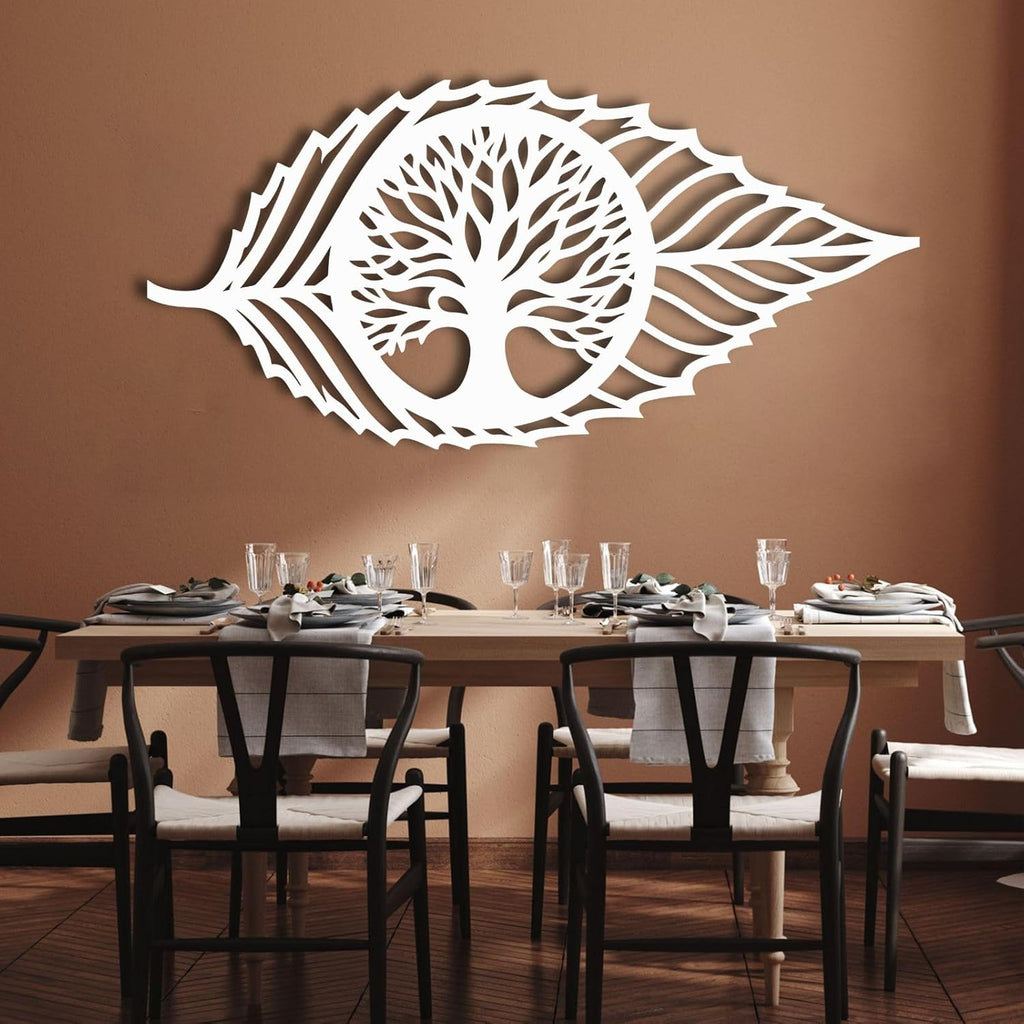 Hotuijxca Metal Leaf Wall Decor, Tree of Life Wall Art, Metal Leaf and Tree Wall Art for Living Room, Bedroom (White, 19x9in|47x22cm, metal wall art)