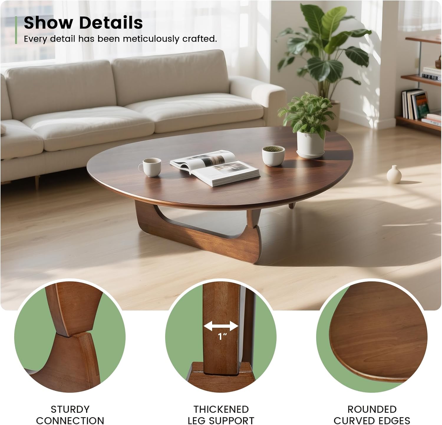 Solid Wooden Modern Triangle Coffee Table: Unique Funky Coffee Tables for Living Room, Oval Mid-Century Irregular Abstract Tea Tables for Patio Office Balcony Bedroom (Walnut, 43" L x 31" W x 16" H)