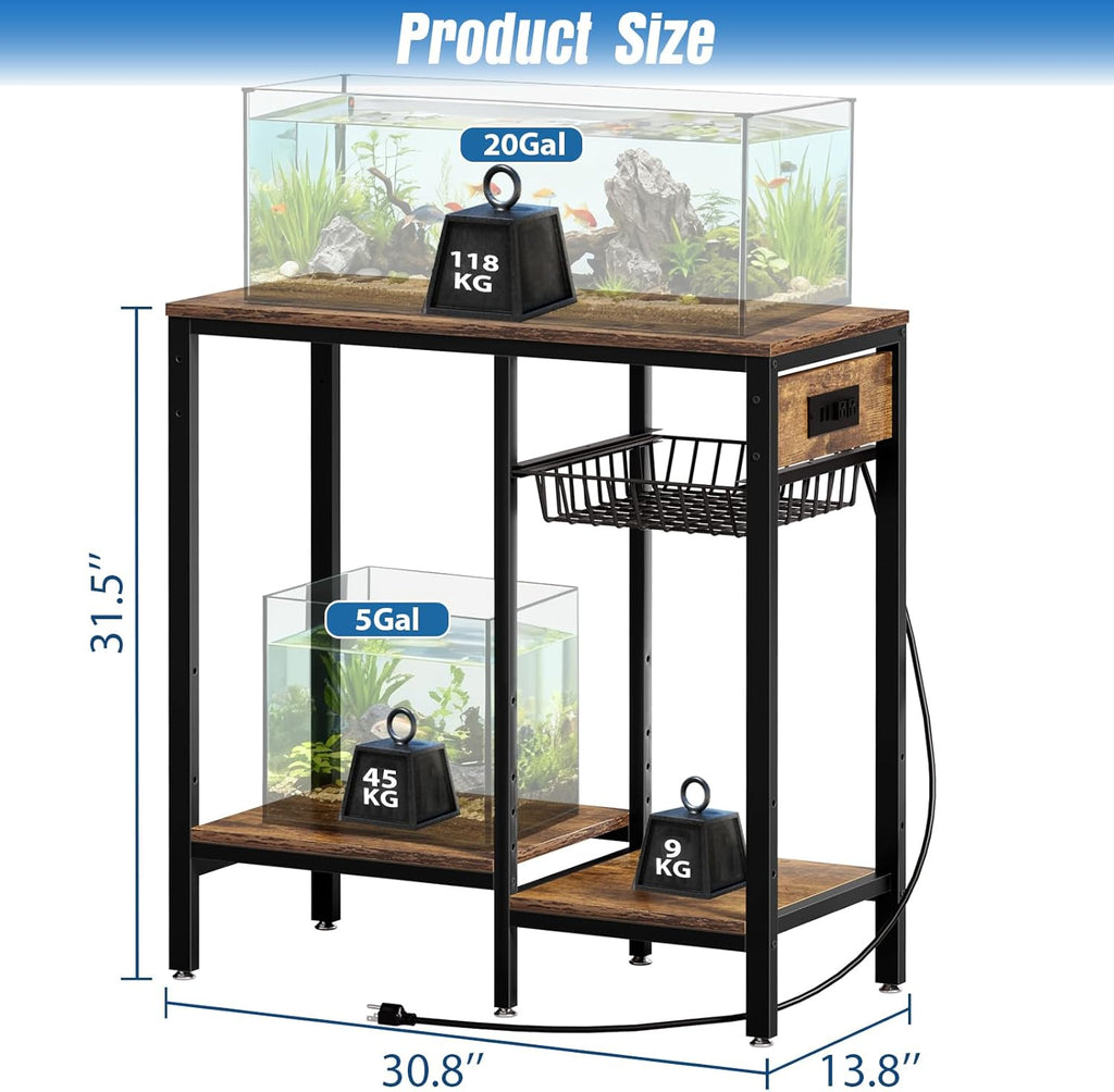 Livofloral 20 Gallon Fish Tank Stand with Power Outlet, Metal Aquarium Stand with Adjustable Shelves and Pull Out Wire Tray, Ample Storage for Fish Tanks Accessories, Reptile Tank Stands, Brown
