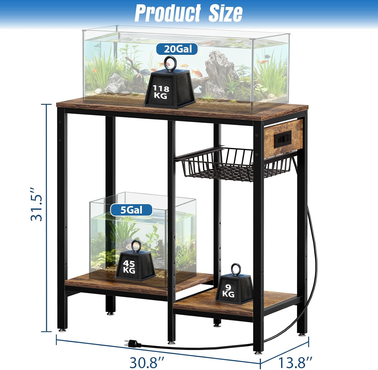 Livofloral 20 Gallon Fish Tank Stand with Power Outlet, Metal Aquarium Stand with Adjustable Shelves and Pull Out Wire Tray, Ample Storage for Fish Tanks Accessories, Reptile Tank Stands, Brown