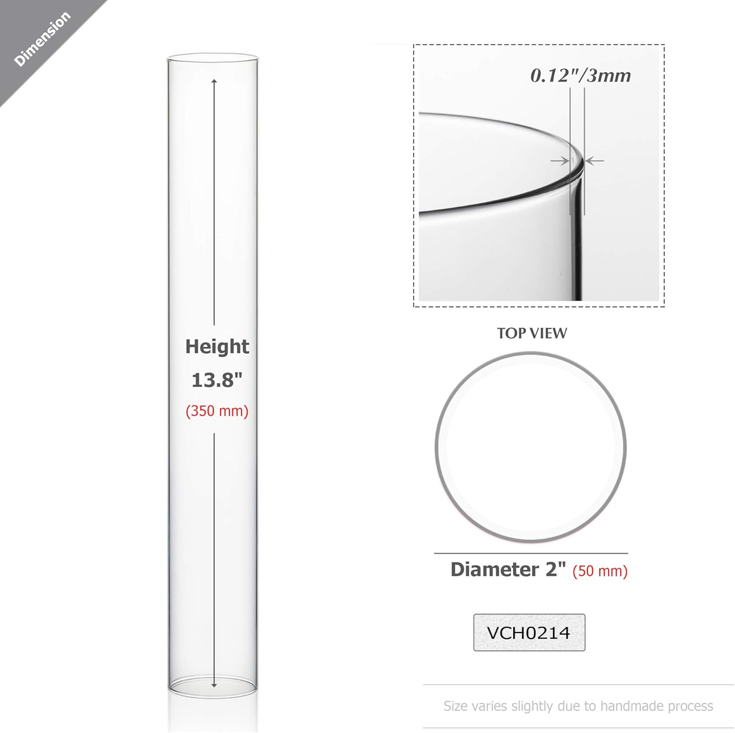 WGVI Hurricane Candle Holder Sleeve, Wide 2", Height 14", Clear Glass Cylinder Candleholder, Chimney Tube, Open Ended Candle Shade, 12 Pieces Bulk