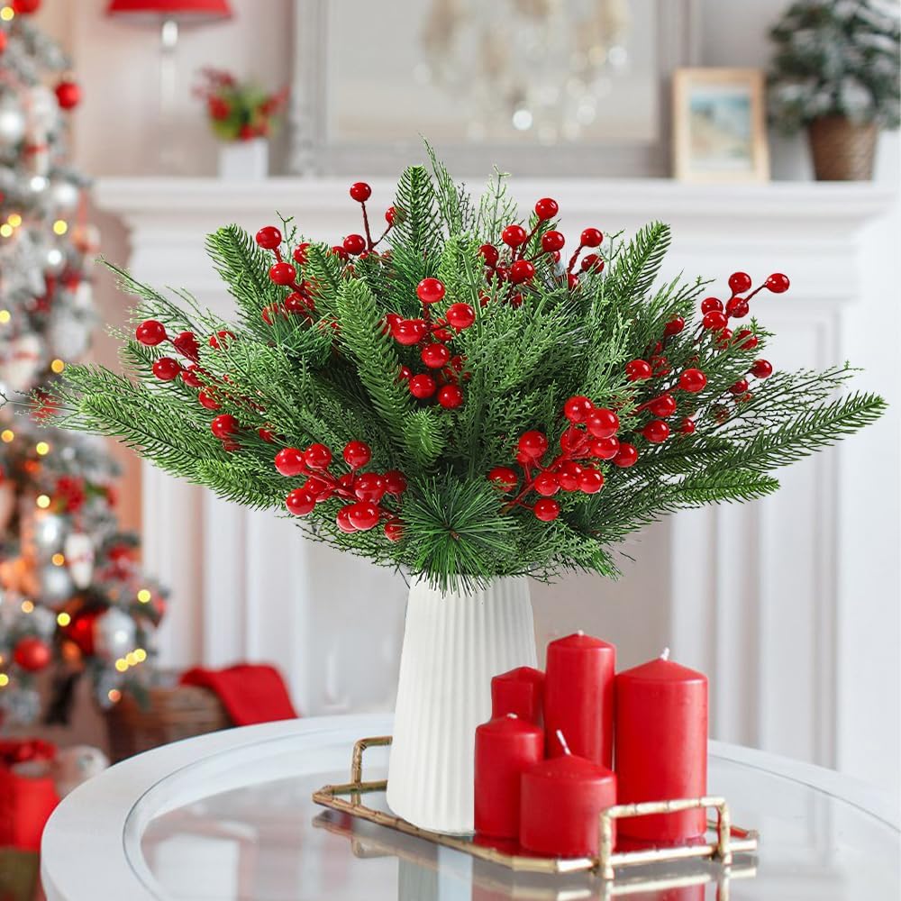 60 PCS Artificial Pine Branches Christmas Faux Pine Greenery Stems Red Holly Berries Fake Cedar Pine Needles Picks for Christmas Tree Wreath Garland DIY Crafts Holiday Home Decoration
