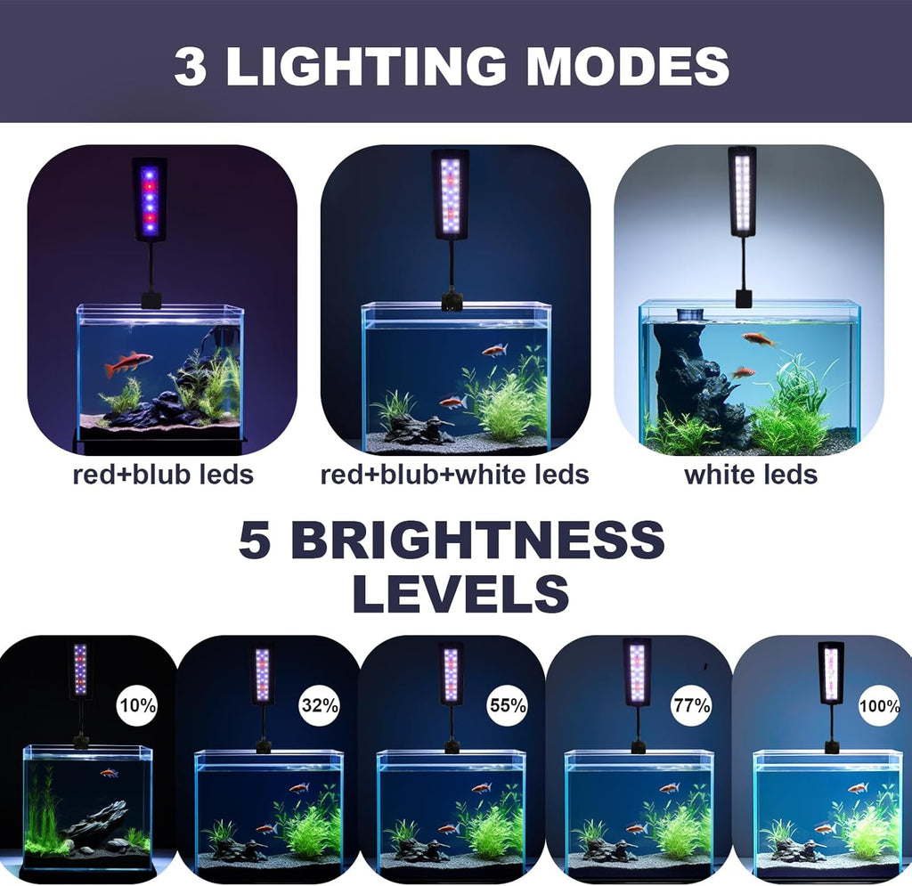 Clip on Aquarium LED Light,Fish Tank Light for 5-20 Gallon,with Timer Auto On/Off 24-Hour Cycle, White Blue Red LEDs Lighting Built-in 5 Brightness Levels Memory Function