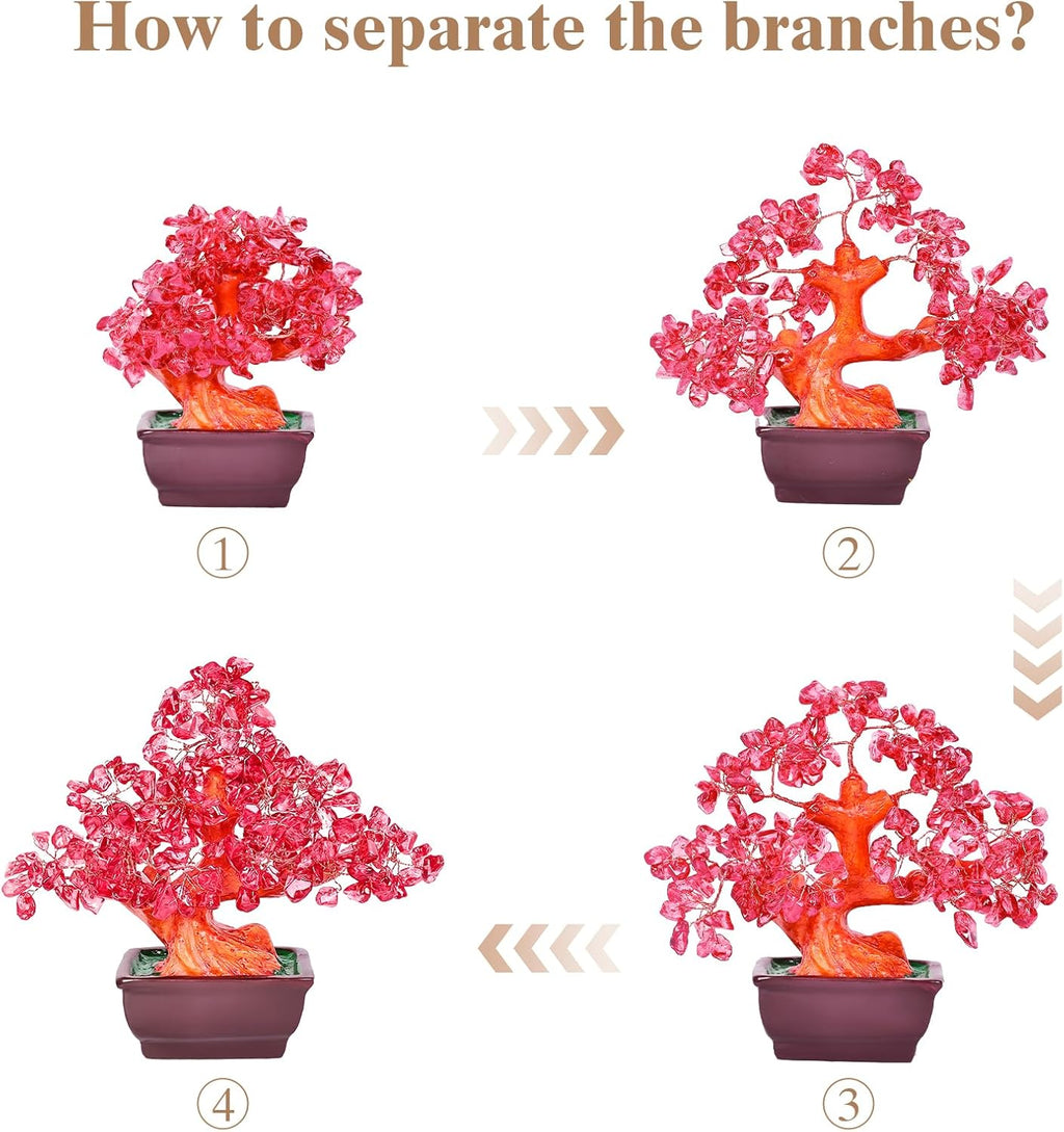 Feng Shui Quartz Crystal Money Tree Bonsai Style Decoration for Luck and Wealth (Red)