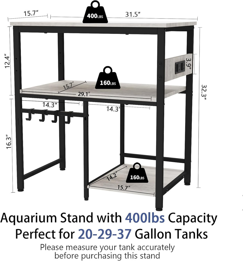 TFK 20-29-37 Gallon Fish Tank Stand, 3-Tier Aquarium Stand with Power Outlet Reptile Tank Stand Heavy Duty Terrarium Stand for Home Office, Gray