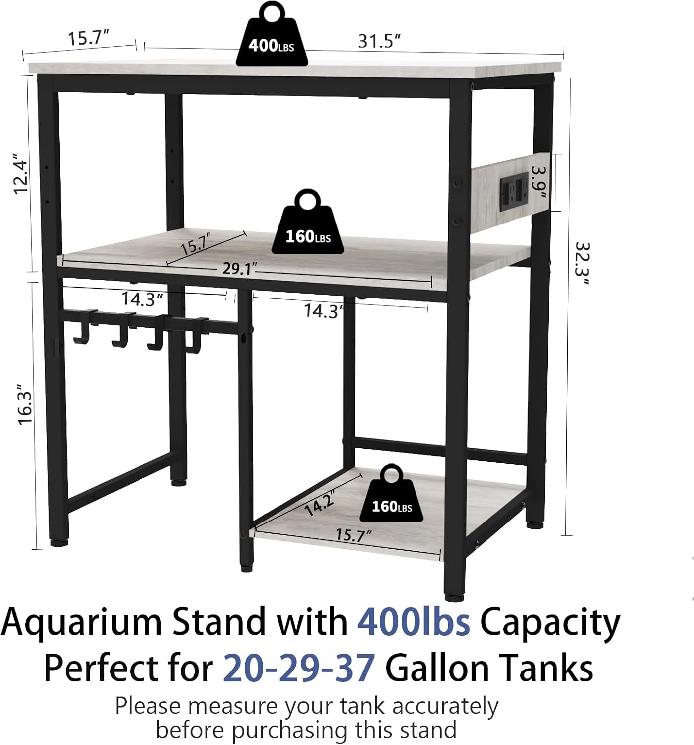 TFK 20-29-37 Gallon Fish Tank Stand, 3-Tier Aquarium Stand with Power Outlet Reptile Tank Stand Heavy Duty Terrarium Stand for Home Office, Gray