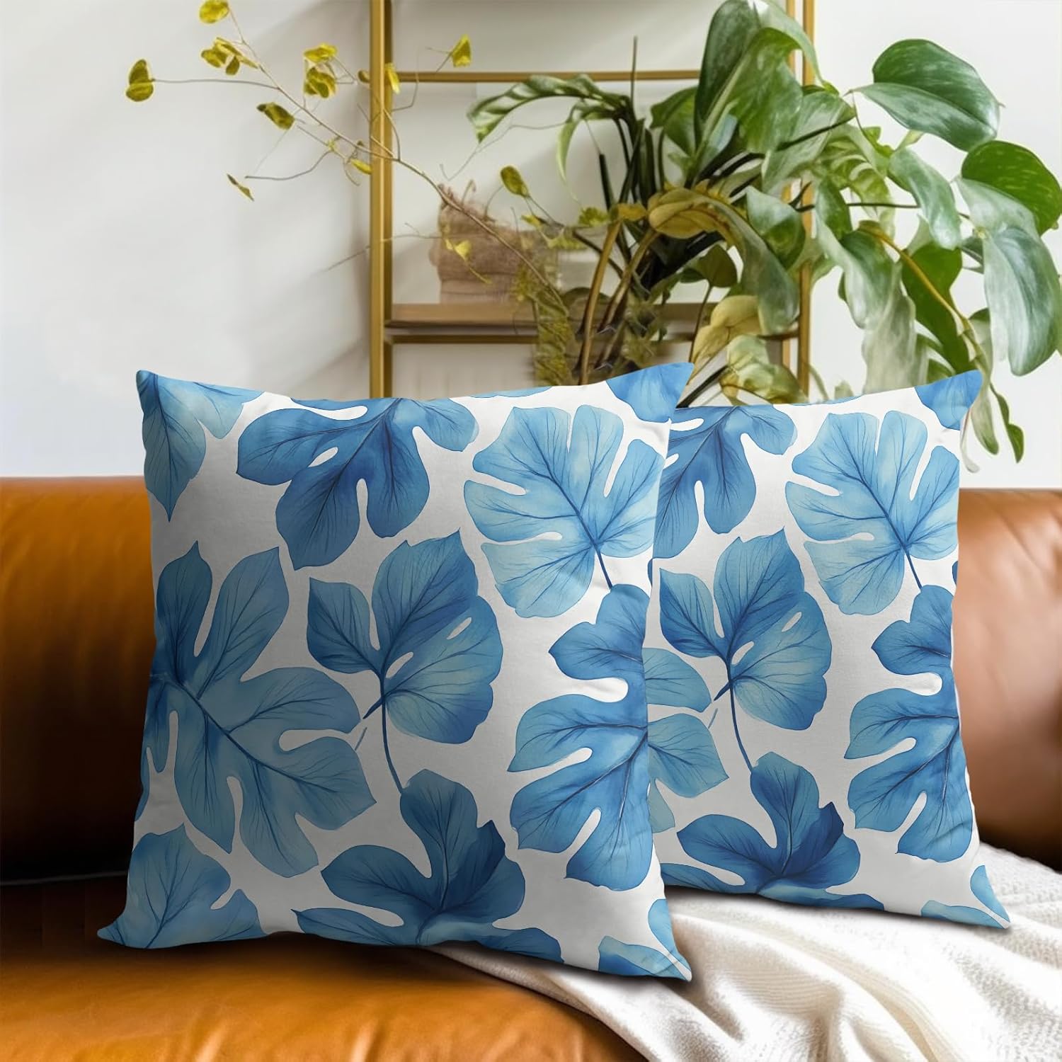 Blue Tropical Leaves Throw Pillow Covers Set of 2 Ultra-Soft All-Season Pillow Shams with Hidden Zipper,Durable for Sofa Bed Car Decor & Gift Luxury 18x18IN