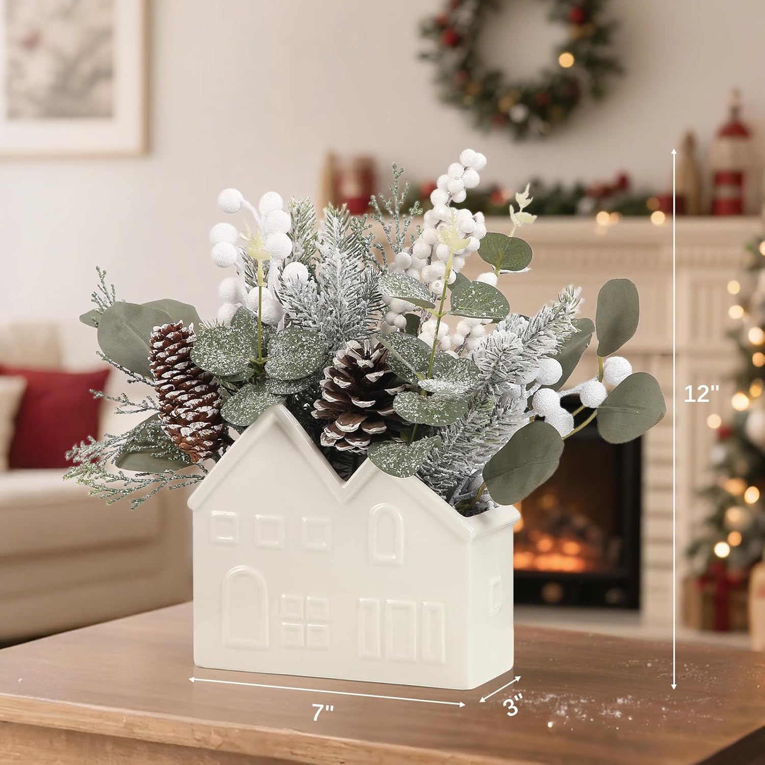 Small Christmas Tree Table Decorations, Artificial Mini Christmas Tree with Pine Cones, Christmas Plants Decorations in Ceramic Pot, Tabletop Ornaments for Home Indoor Fireplace Dining Table Decor