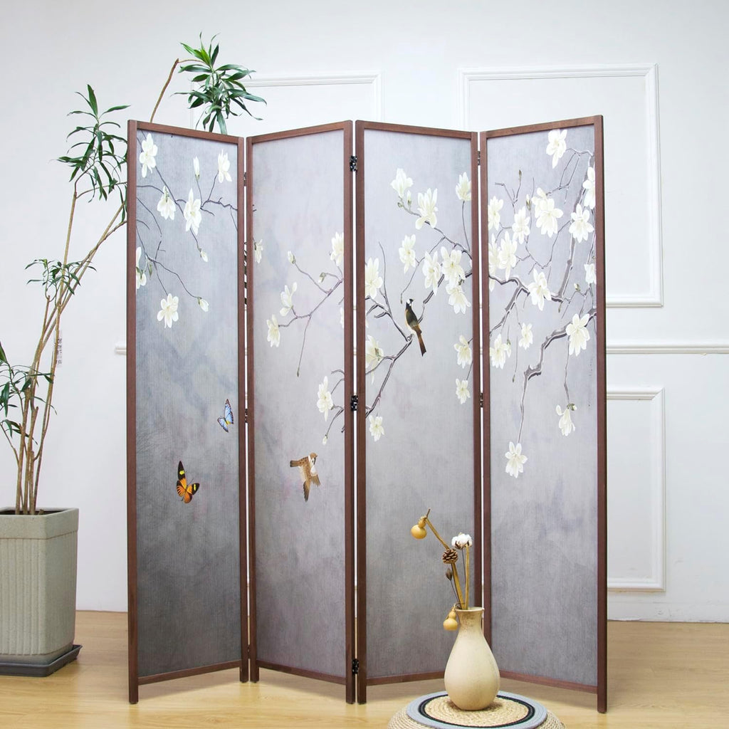 4 Panel Room Divider Screen,Double Faced Blackout Panel Divider Folding Panel Screen Divider for Room Separation,Magnolia and Plums,67" H x 63" W