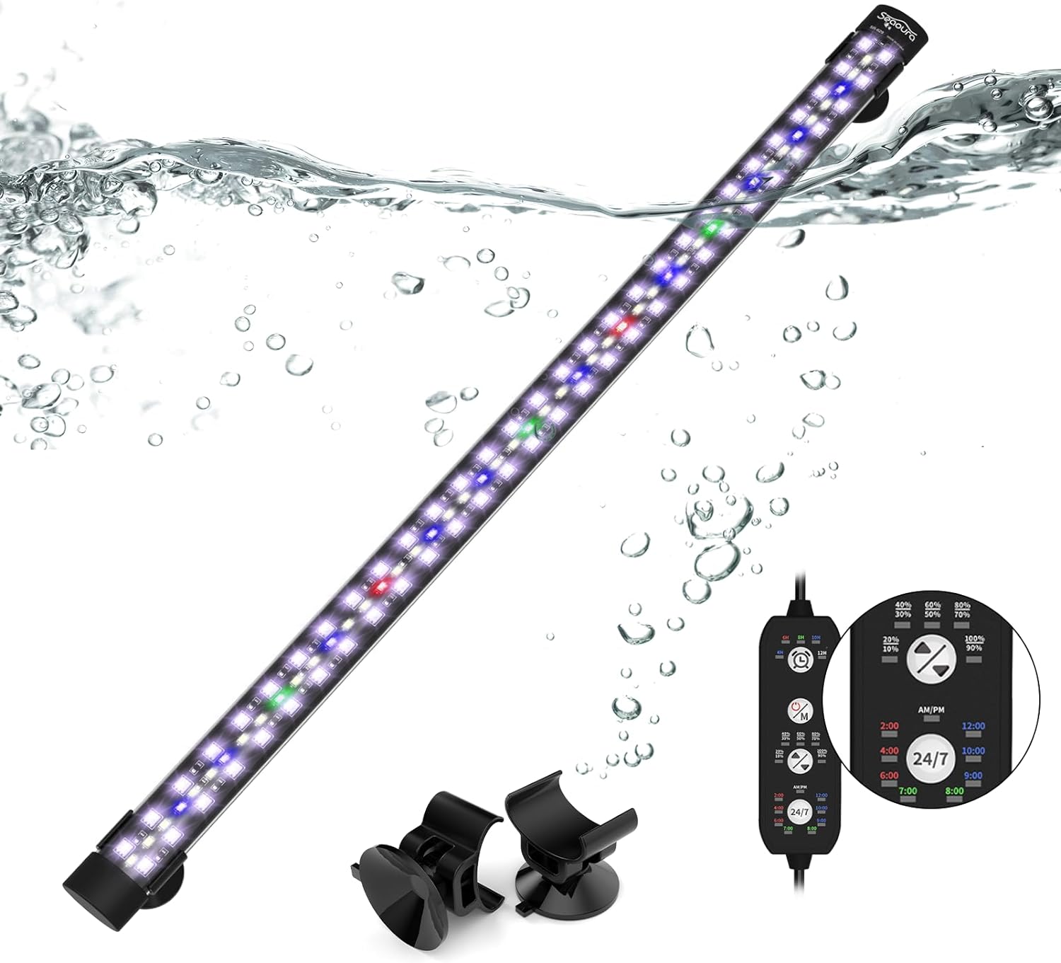 SEAOURA Submersible Aquarium Light for 24 to 43 Inch Fish Tank, 24/7 Cycle Fish Tank Light with Timer, Aquarium Plant Light with Full Spectrum+7 Single Colors, Auto On/Off, Adjustable Brightness
