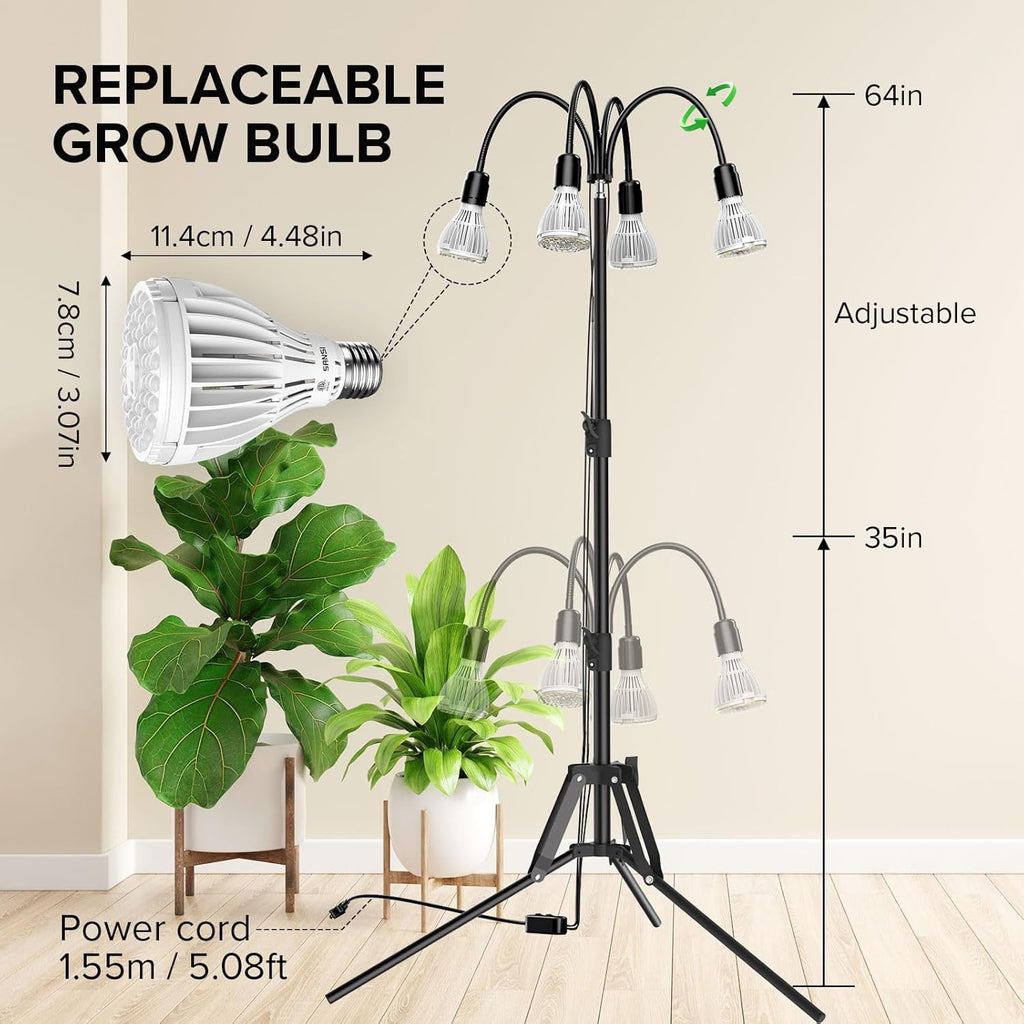 SANSI Grow Lights for Indoor Plants, 128W Full Spectrum Plant Lights for Indoor Growing, 35-64 inches Detachable Tripod Standing Grow Light with High PPFD No Dimmable 4 Pack of Par25 32W Bulb