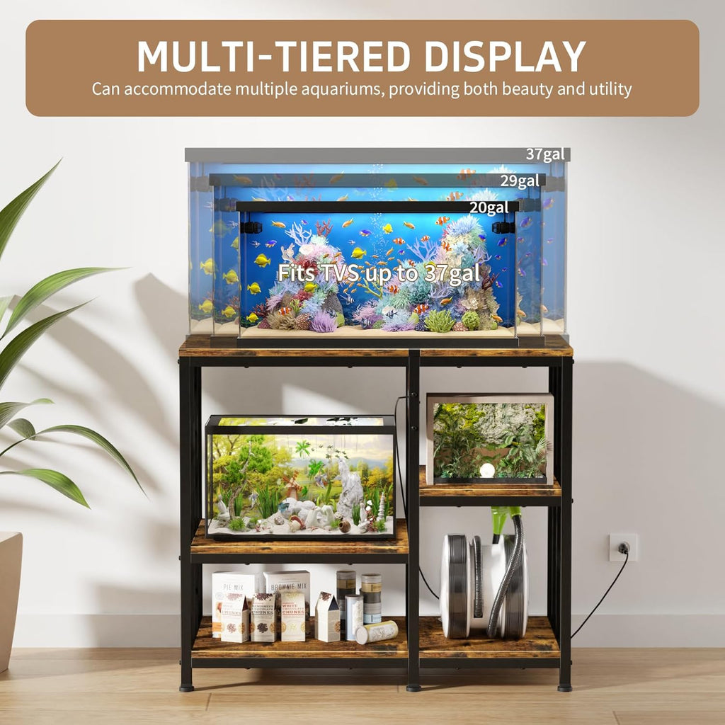 Reinforced 40-50 Gallon Aquarium Stand with Power Outlet | Ultra-Stable 750LBS Capacity Metal Fish Tank Stand for Reptile/Aquatic Setups, 5-Tier Adjustable 37"x19" Steel Shelving System