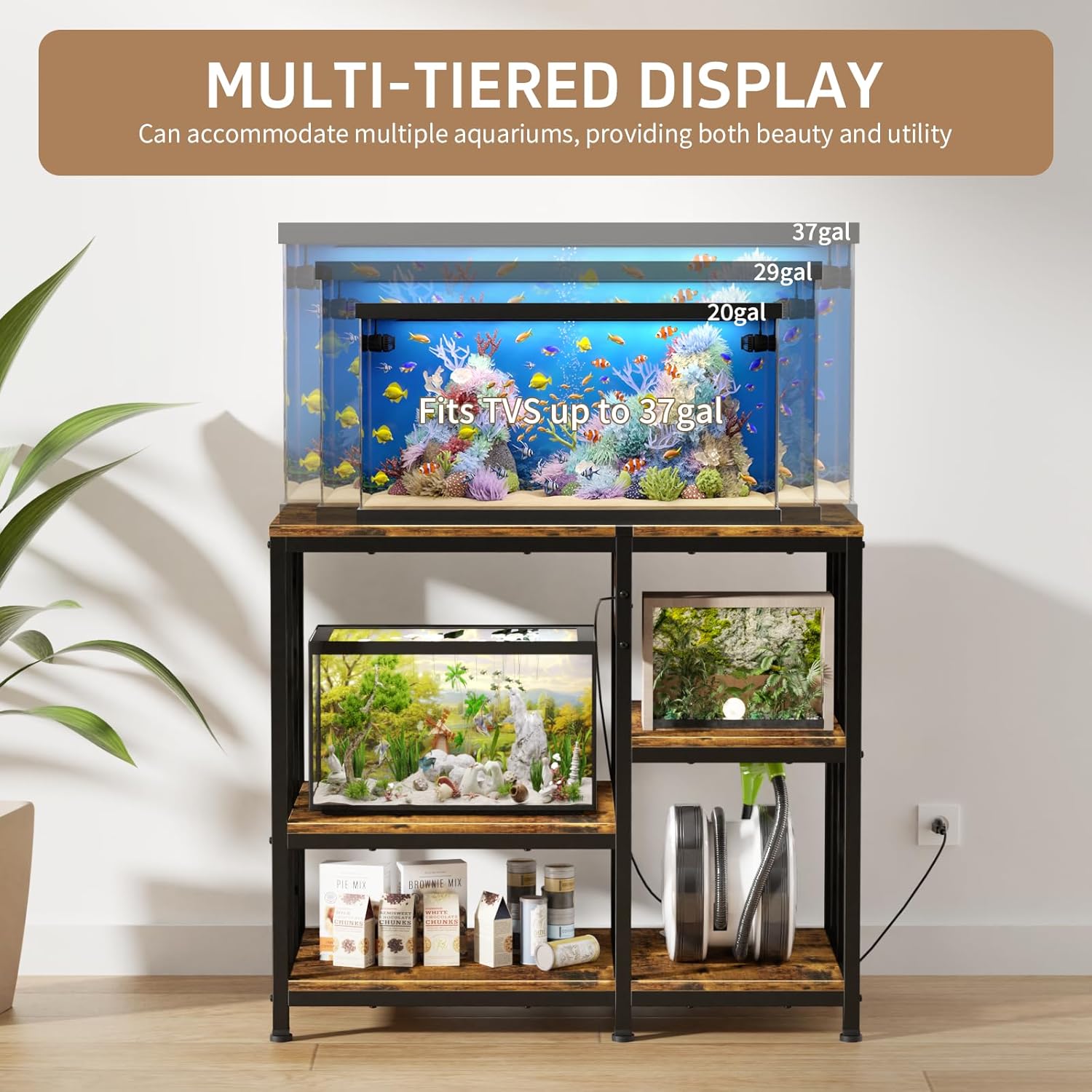 Reinforced 40-50 Gallon Aquarium Stand with Power Outlet | Ultra-Stable 750LBS Capacity Metal Fish Tank Stand for Reptile/Aquatic Setups, 5-Tier Adjustable 37"x19" Steel Shelving System