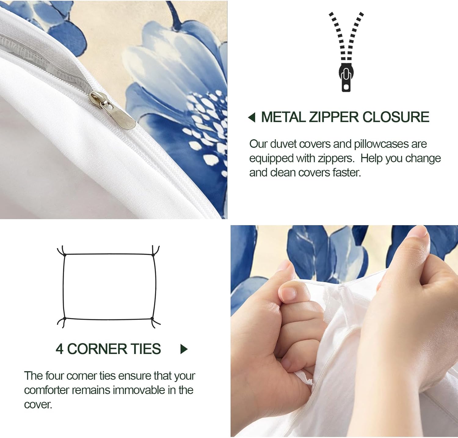 Floral Print Duvet Cover King Size, Boho Blue Tie-Dye Bedding Set 3 Piece Bedroom Decor Rustic Watercolor Comforter Cover and 2 Pillow Sham with Zipper Closure