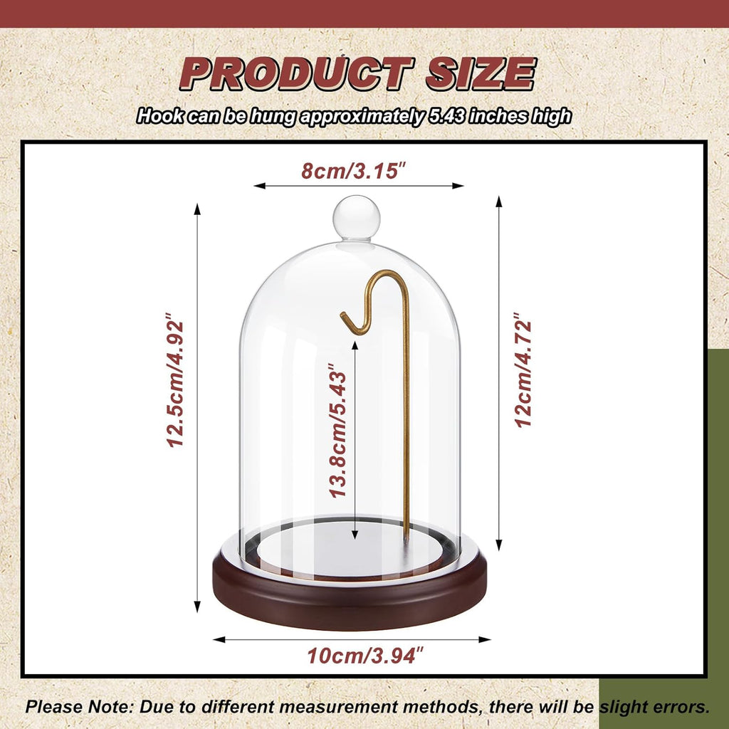 2 Pcs Pocket Watch Glass Display with Hooks Dome Cloche with Wood Base Decorative Dome Showcase for Watch Plants Medals Photos Collectibles Dark MDF Base
