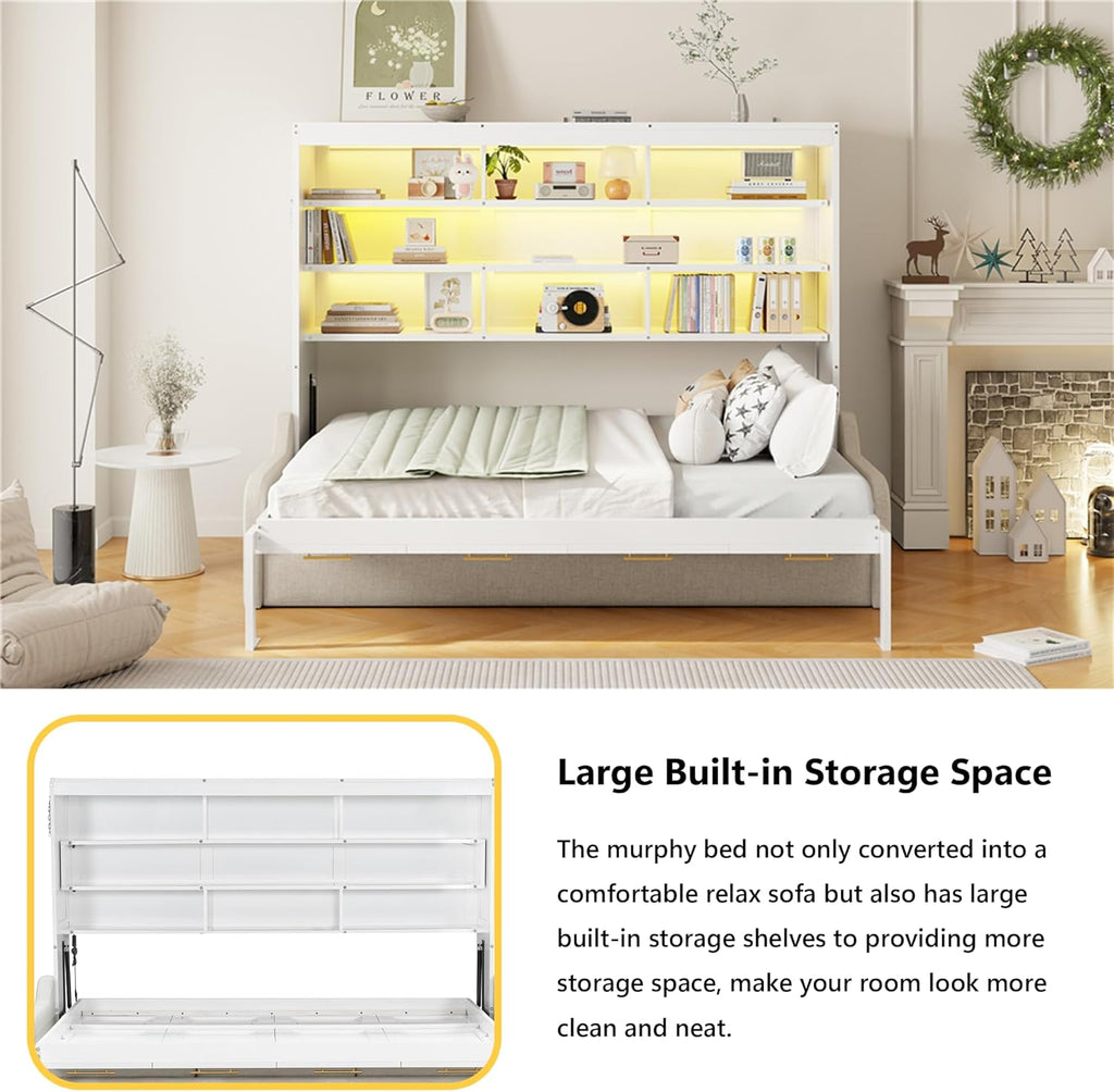 Full Horizontal Murphy Bed with Sofa and Storage Shelves,LED Light,Solid Wood Space Saving Hideaway Murphy Wall Bed with Couch and Storage for Adults (Beige,Full)