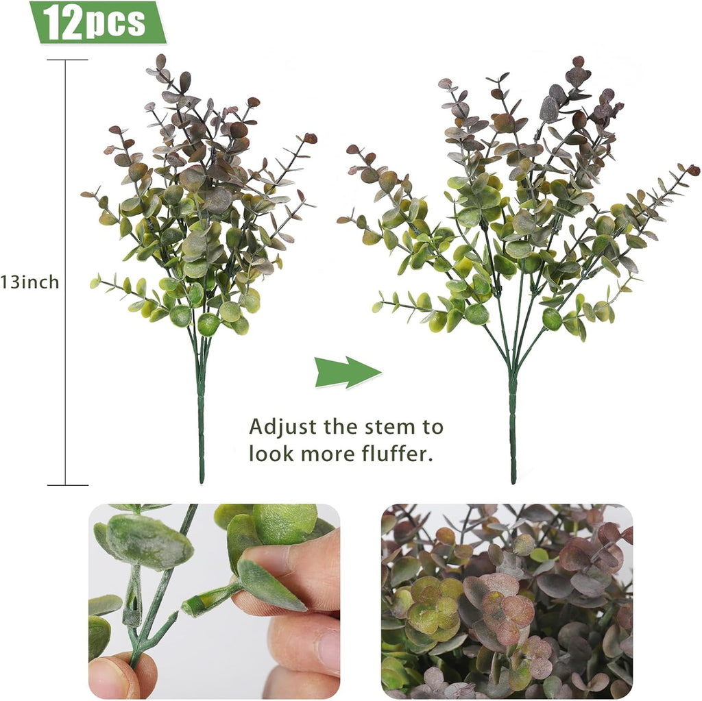 RECUTMS 12 Bundles Fake Bushes Artificial Plants Outdoor Faux Plant Eucalyptus Stems Fake Porch Plants for Farmhouse Bathroom Office Vase Centerpiece Indoor Outdoor Decor(Dusty Purple)